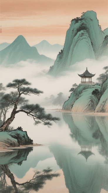 中国传统水墨山水画风格，画面干净雅致，以淡赭石色渲染天空，青绿色描绘远山，近处水面平静如镜，倒映着岸边苍劲的松枝，右侧山腰处矗立着一座古朴的中式亭台楼阁，山间云雾缭绕，呈现出宁静悠远的意境，整体构图疏朗开阔，适合作为背景素材使用。预览效果