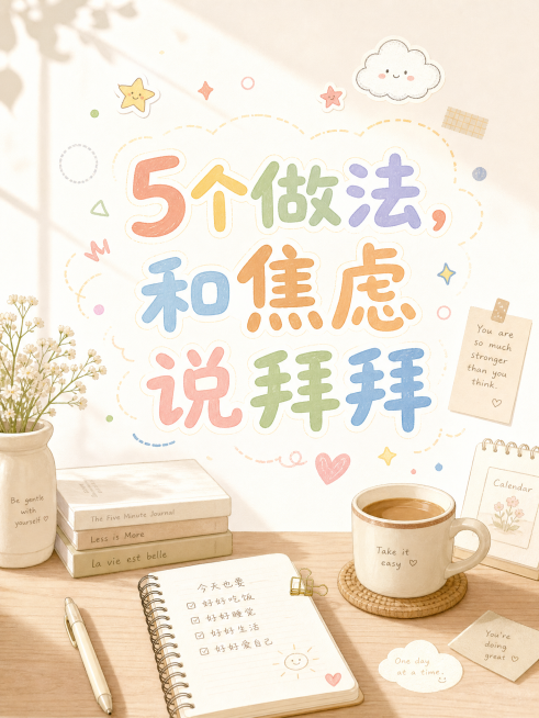 治愈系插画风格，温柔奶白浅咖色系，柔和自然光，简约书桌场景，摆放书本、笔记本和一杯咖啡，画面正中央手写圆润大字标题"5个做法，和焦虑说拜拜"，标题为手绘涂鸦字体、马卡龙色填充，点缀星星、云朵、简单几何预览效果
