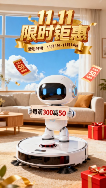 温馨居家场景，画面核心是可爱的白色机器人站在扫地机器人上，手持写有“每满 300 减 50”的牌子，上方有金色“11.11 限时钜惠”艺术字，搭配标注“活动时间：11 月 1 日 - 11 月 14预览效果