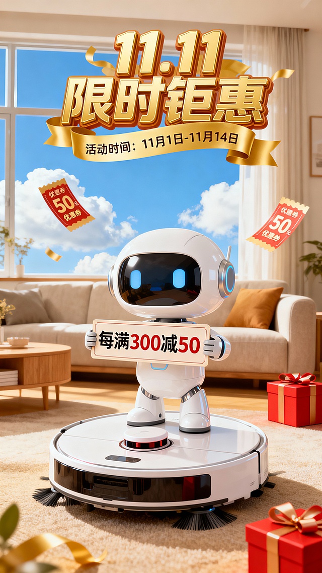温馨居家场景，画面核心是可爱的白色机器人站在扫地机器人上，手持写有“每满 300 减 50”的牌子，上方有金色“11.11 限时钜惠”艺术字，搭配标注“活动时间：11 月 1 日 - 11 月 14 日”的金色丝带，周围散落50元优惠券标签、红色礼盒，背景是明亮的客厅与窗外蓝天白云，整体风格温馨且充满科技感，突出双十一促销的优惠力度与活动时间