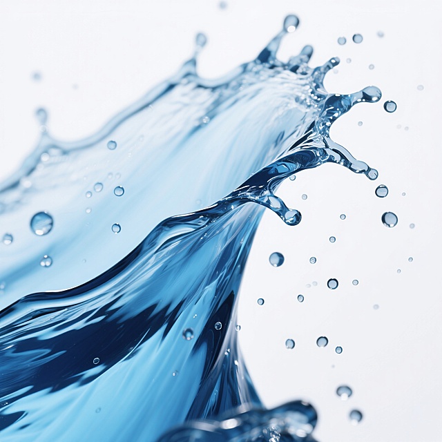 一张高清晰度的水花摄影图片，画面主体为形态改变的动态水流，呈现出不规则的波浪曲线与破碎的水花形态，水珠大小不一，悬浮于水中并向四周飞溅，水流边缘锐利清晰，内部呈现半透明的渐变蓝色，高光区域明亮耀眼，阴影部分则深邃幽蓝，整体光影对比强烈，背景为纯白色，营造出纯净、清爽、富有动感的氛围，水花的运动轨迹自然流畅，展现出液体的张力与流动性。