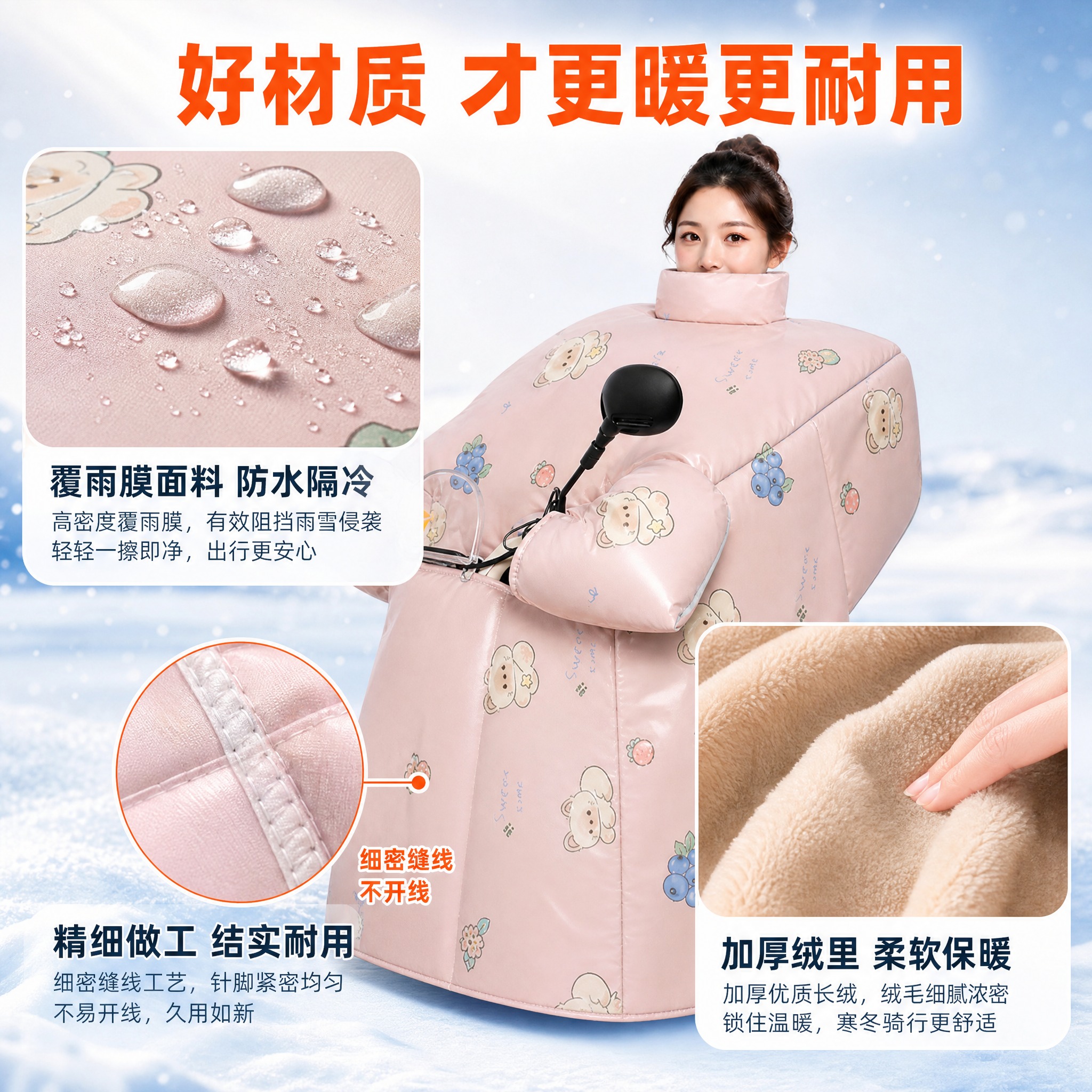 [主图-3] 材质细节与品质图，展示覆雨膜面料、加绒内里和做工… - 图片创意预览