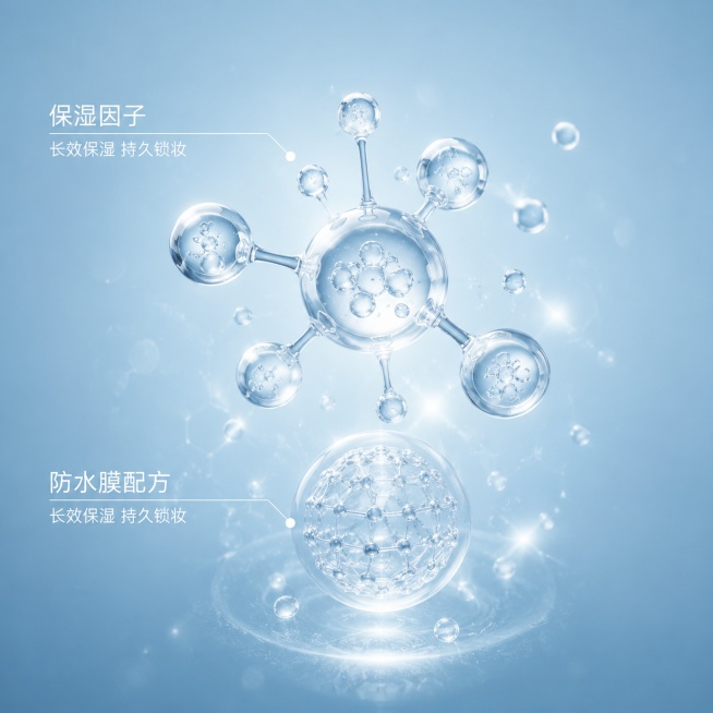 [主图-2] MAYCHEER粉底液核心功效成分解析图。
[氛围风格] 纯净科技感，通透水润亮调，科研专业风格。
[画质] 高精度超写实3D渲染，画面干净通透，细节清晰。
[元素] 浅蓝色渐变极简背景预览效果