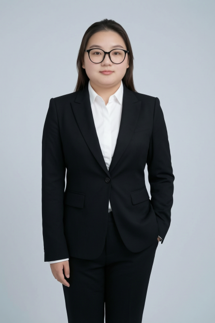 基于参考图人物生成形象照，身穿黑色亚面精纺面料西装外套,黑色亚面精纺面料西裤，内搭白色衬衫。简约冷调浅灰色纯色背景，背景光线均匀柔和，强化色彩对比的高级感，呈现均匀柔和质感，极简干净背景。采用标准焦段预览效果