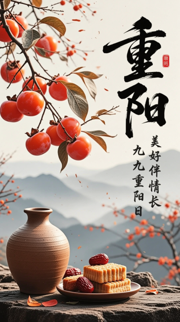 右侧“重阳”书法字体和“九九重阳日 美好伴情长”，左侧枝头挂满的红柿子，色泽鲜艳，下方的陶制酒壶和摆放着红枣的方形糕点，背景是水墨远山。预览效果