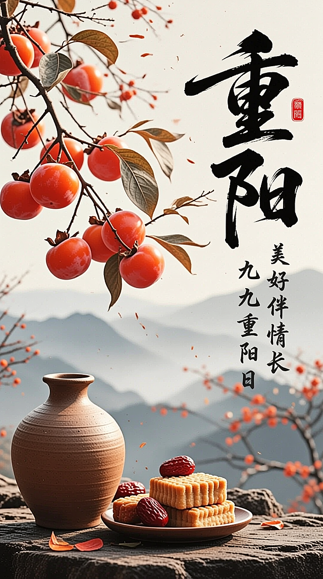 工笔风融合实景感，柿枝垂红，陶罐静置，重阳糕与山景相映，水墨意境中透出质朴优雅，传递节日温情。