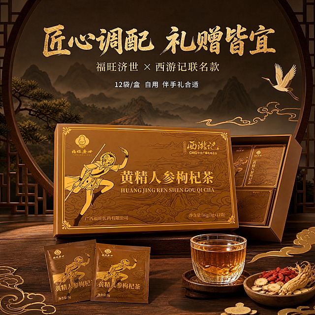 [主图-5] 礼盒品质图，任务是突出西游记联名礼盒的品质感与礼赠属性，展示整盒产品适合自用与送礼。
[统一基调] 京东1:1主图，国风调性，中式窗景山水意境，暖棕金色系，深棕背景配烫金文字与线条，稳重典雅有品质感；主标题用粗厚国风书法体烫金色，副标题用细宋体浅金色，小字用简洁黑体米白色；整体文字占比小于30%，一图一重点，画面干净不杂乱。
[画面] 画面中心放置福旺济世西游记联名黄精人参枸杞茶完整礼盒，采用略微仰视的角度，突出礼盒的立体感与品质感；礼盒正面的孙悟空形象、"西游记"CMG中央广播电视总台联名标识、"黄精人参枸杞茶"主标题都清晰可见，保持产品外观与输入图完全一致；礼盒旁搭配一个打开的礼盒盖斜靠在后方，展示内盒结构；礼盒前方摆放两袋茶包与一杯茶汤作为点缀；背景为更具氛围感的中式山水场景，远山层叠、云雾缭绕，有仙鹤或祥云的国风元素点缀，营造高端礼赠的意境；礼盒主体占画面约60%，完整不切割。
[光影质感] 商业礼盒摄影质感，柔和暖调主光从左上方来，礼盒表面金色烫印有精致反光，礼盒边角立体感强，底部有自然投影；整体光影庄重典雅，突出联名礼盒的收藏价值与礼赠品质。
[配色] 主色调深棕、暖棕、烫金、米白；礼盒棕金色为画面主体，背景远山云雾为灰棕渐变，营造深远意境；祥云与仙鹤元素用浅金色点缀，呼应整体国风金棕色调。
[文字版式] 画面上方主标题："匠心调配 礼赠皆宜"，粗厚国风书法体，烫金色，字号最大；主标题下方副标题："福旺济世 × 西游记联名款"，细宋体，浅金色，字号约为主标题一半；副标题下方小字："12袋/盒 自用 伴手礼合适"，简洁黑体，米白色，字号更小；所有文字放在上半部分负空间，不遮挡礼盒主体。
[输出要求] 1:1正方形，2048×2048，2K分辨率，文字清晰无错字，礼盒清晰不变形，画面庄重有品质感；禁止出现京东Logo、水印、二维码、绝对化用语、医疗功效宣称，禁止礼盒变形、图案错位。