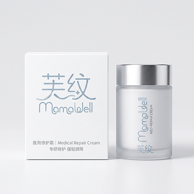 基于提供的芙纹MamabJell logo，设计医用护肤品的应用效果图，保持医疗感高级简约风格，可调整logo颜色为干净的浅蓝/浅灰医疗色系，将中文芙纹和英文MamabJell分开排版使用，放在医用护肤品包装上，整体干净简洁专业