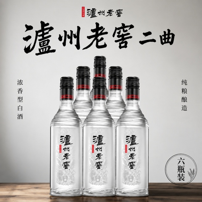[主图-1] 泸州老窖六瓶装白酒首图点击率主图。保持每瓶酒外观瓶身文字图案与用户输入图片完全一致，不做任何修改。氛围风格高级简约商业风。画质商业摄影质感、光线柔和通透、产品清晰真实、画面干净高级。元素预览效果