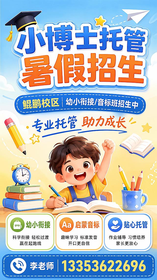 明亮活泼风格的教育招生海报，9:16竖向构图，版式精美清晰。画面主视觉放置大字体主标题"小博士托管 暑假招生"，副标题是"鲲鹏校区 幼小衔接/音标班招生中"，装饰文案为"专业托管 助力成长"，左下角和右下角放置卖点标签：幼小衔接、启蒙音标、贴心托管，底栏放置联系方式"李老师13353622696"。背景使用浅蓝加暖黄色渐变，点缀简约书本、铅笔等学习元素，整体氛围专业干净充满童趣，所有文字清晰可读，排版层级分明，信息完整呈现。
