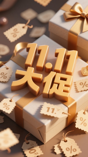 3D大字，棕黄色风格，文字内容为“11.11大促"，周围散落着折扣标签和礼盒预览效果