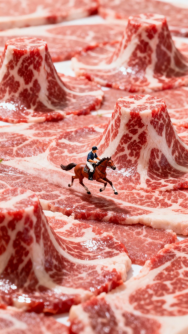 一大片雪花牛肉做成的地面，有突起的雪花牛肉做的小山坡，一个人骑马在地面上