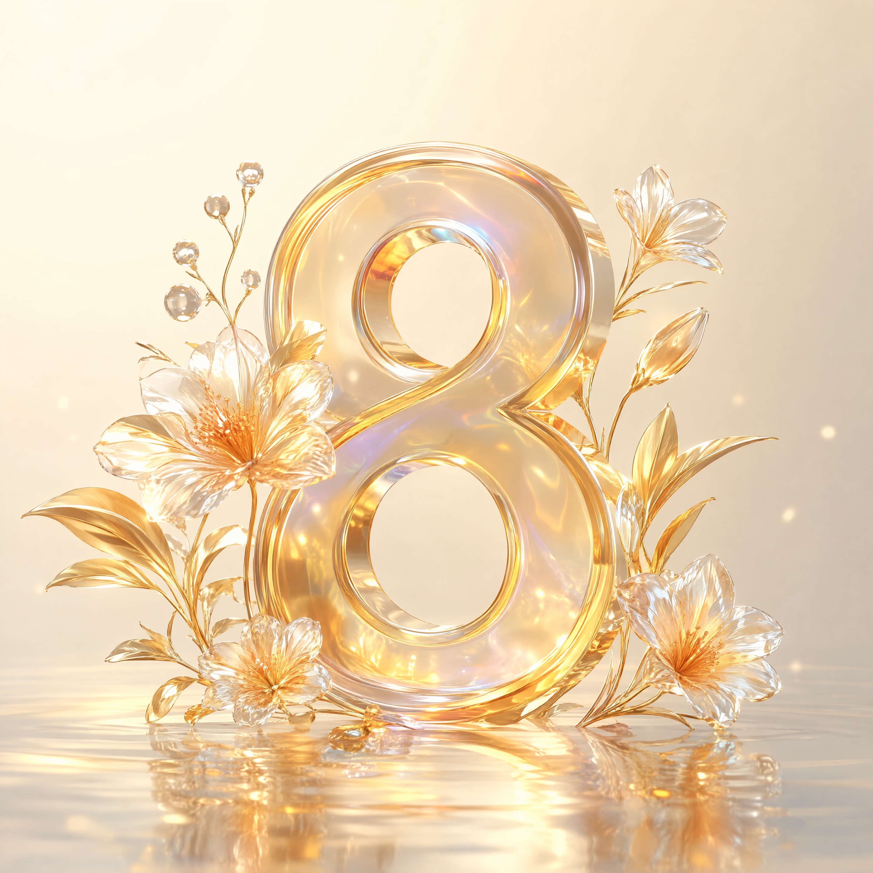 3D玻璃质感数字"8"设计，透明渐变金色玻璃材质，流光溢彩，周… - 图片创意预览