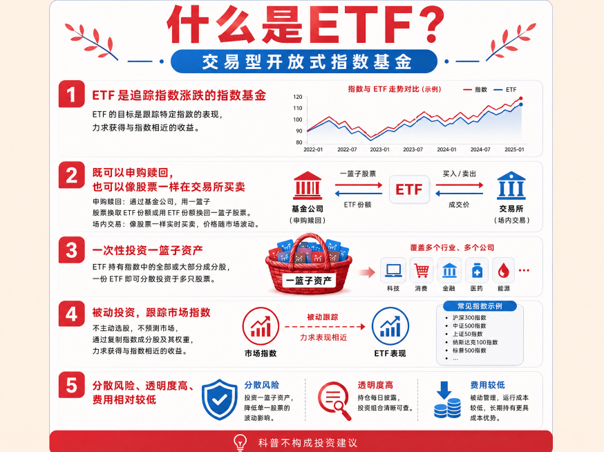 将这张ETF科普图修改为主色调为红蓝配色，去掉所有绿色元素，保持所有文字内容和排版不变预览效果