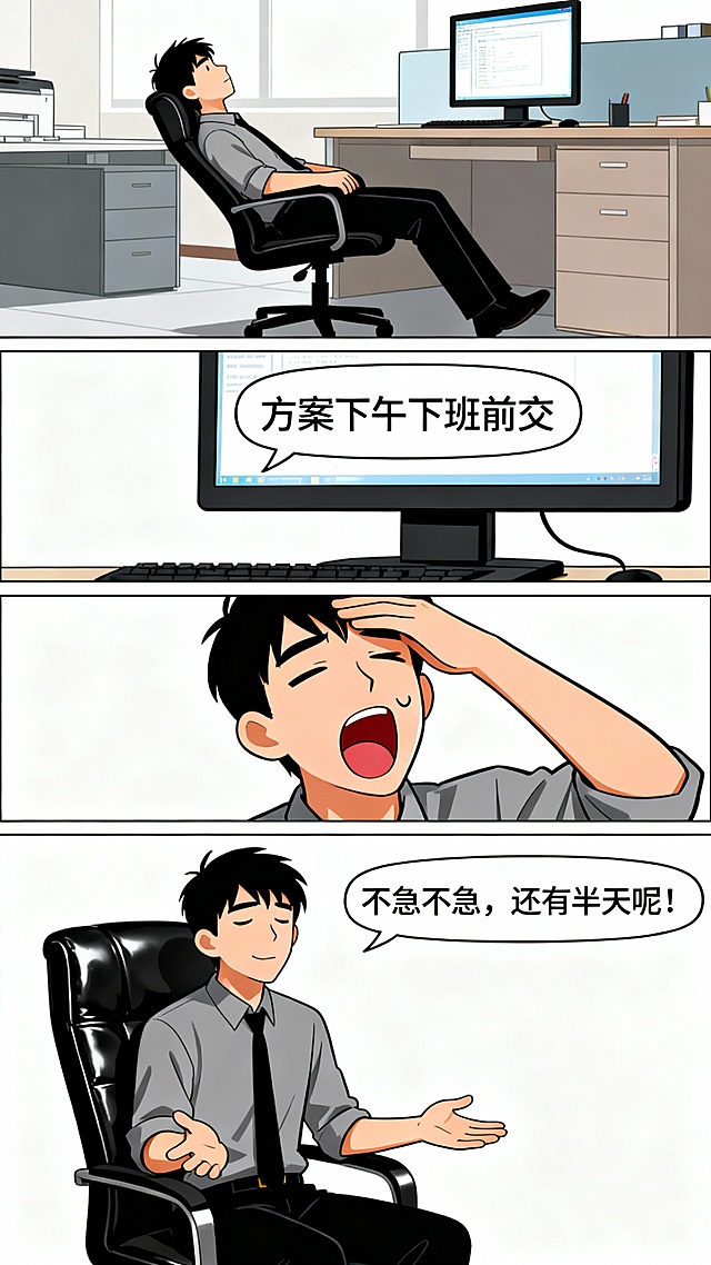 条漫文案1：《拖延退散！吉时到，马上办》
 画面1：办公室小张盯着电脑，对话框弹出“方案下午下班前交”，他瘫在椅上打哈欠：“不急不急，还有半天呢！” 
画面2：老高接到“设备巡检”任务，撸起袖子就往车间走，路过小张工位喊：“小张，吉时不等人，干活啦！”
画面3：下班前10分钟，小张手忙脚乱改方案，老高巡检完拿着满分检查表哼着歌。
配字：拒绝拖延症，吉时行动，高效满分！