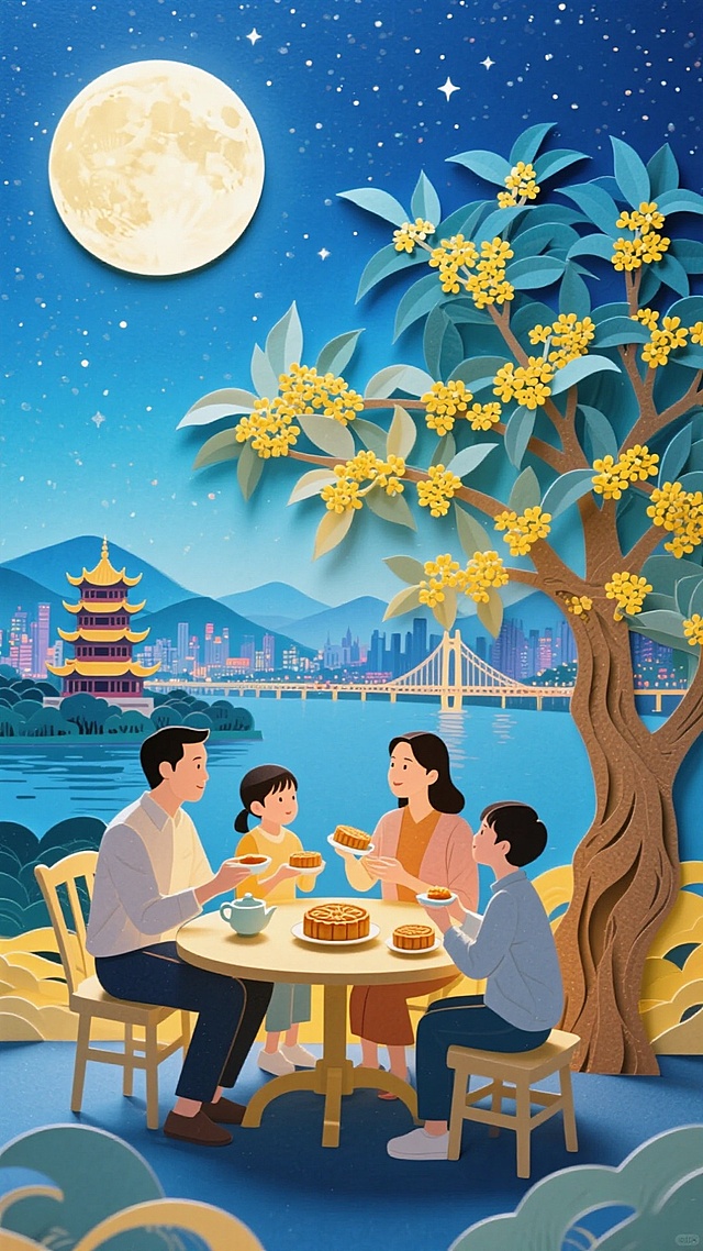 中秋夜，一家四口在桂树下赏月品饼，插画风融合撕纸与剪纸元素，轻拟物手法营造温馨梦幻的中式团圆氛围。