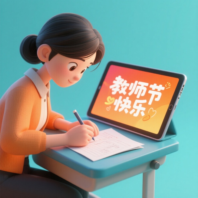 年轻女教师，在批改作业，旁边有个平板上面写着教师节快乐，橘色渐变背景预览效果
