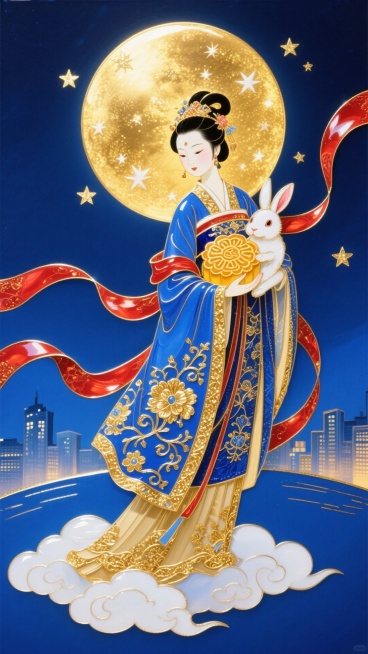 身着传统汉服的女子，身旁有玉兔抱月饼，背景是金色满月、星星，红色飘带装饰，整体色调以蓝、金、红为主，女子脚下有白云，云的下方是城市的夜景，需要有一些城市的标志，城市夜景占整幅画面的四分之一预览效果