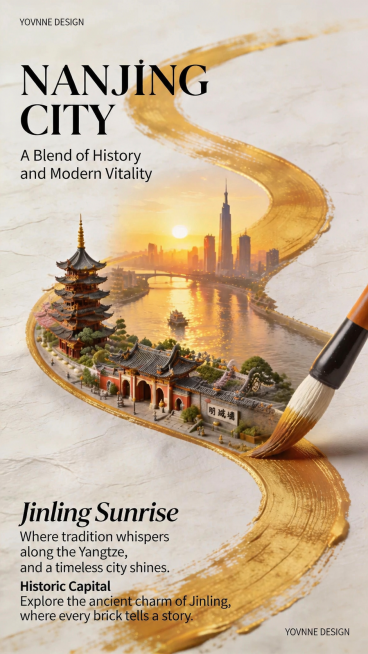 参考原图风格，把城市地标换成南京地标，保持金箔画笔、微缩城市景观和纸质背景的创意设计，标题修改为NANJING CITY，文案调整为体现南京特色的内容，保留整体排版和构图风格，金色笔触贯穿画面，融合南预览效果