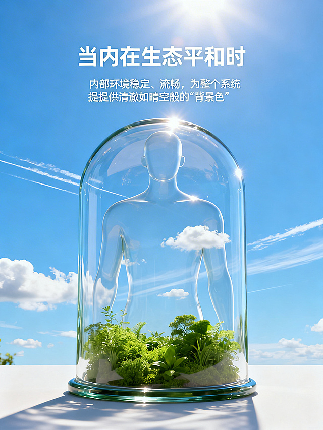 一个简约的玻璃罩（象征身体）内，是清澈的蓝天与几缕白云，底部有健康的绿色植被。阳光透射，通透明亮。罩内空气仿佛静止又充满生机。执行：3D渲染，强调玻璃的质感与内部空间的通透。色调清新明亮。	标题：当内在生态平和时正文：内部环境稳定、流畅，为整个系统提供清澈如晴空般的“背景色”。