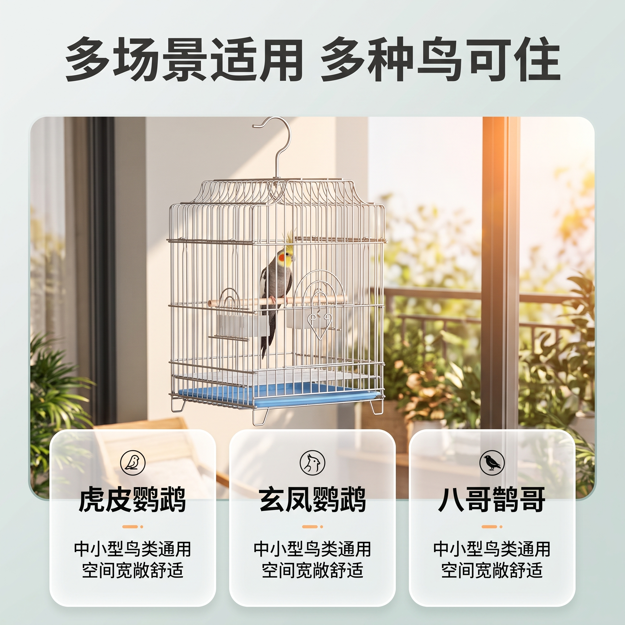 [主图-4] 场景与适配图，展示加粗电镀鸟笼在不同家居场景中的… - 图片创意预览