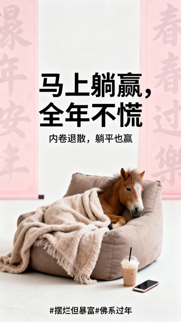 躺平版・“马上躺赢”
极简 ins 风海报，低饱和度莫兰迪色系，一只慵懒小马瘫在懒人沙发上，盖着毛毯，旁边摆着奶茶和手机，背景是留白 + 浅粉色春联，配文 “马上躺赢，全年不慌”，小字 “内卷退散，躺预览效果