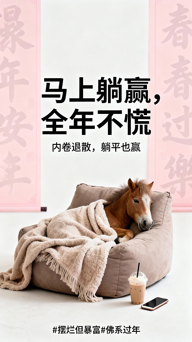 拟人风马儿慵懒躺卧，毛发生长感绒毯包裹，双色设计与面料质感交织，轻拟物风格营造舒适趣味氛围，春节主题中透出佛系松弛感。