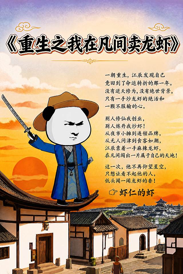 将标题“《重生之我在凡间卖龙虾》”调整为一行排列，保持居中放大突出显示，其余内容不变，保持原有古风卡通风格，整体构图协调