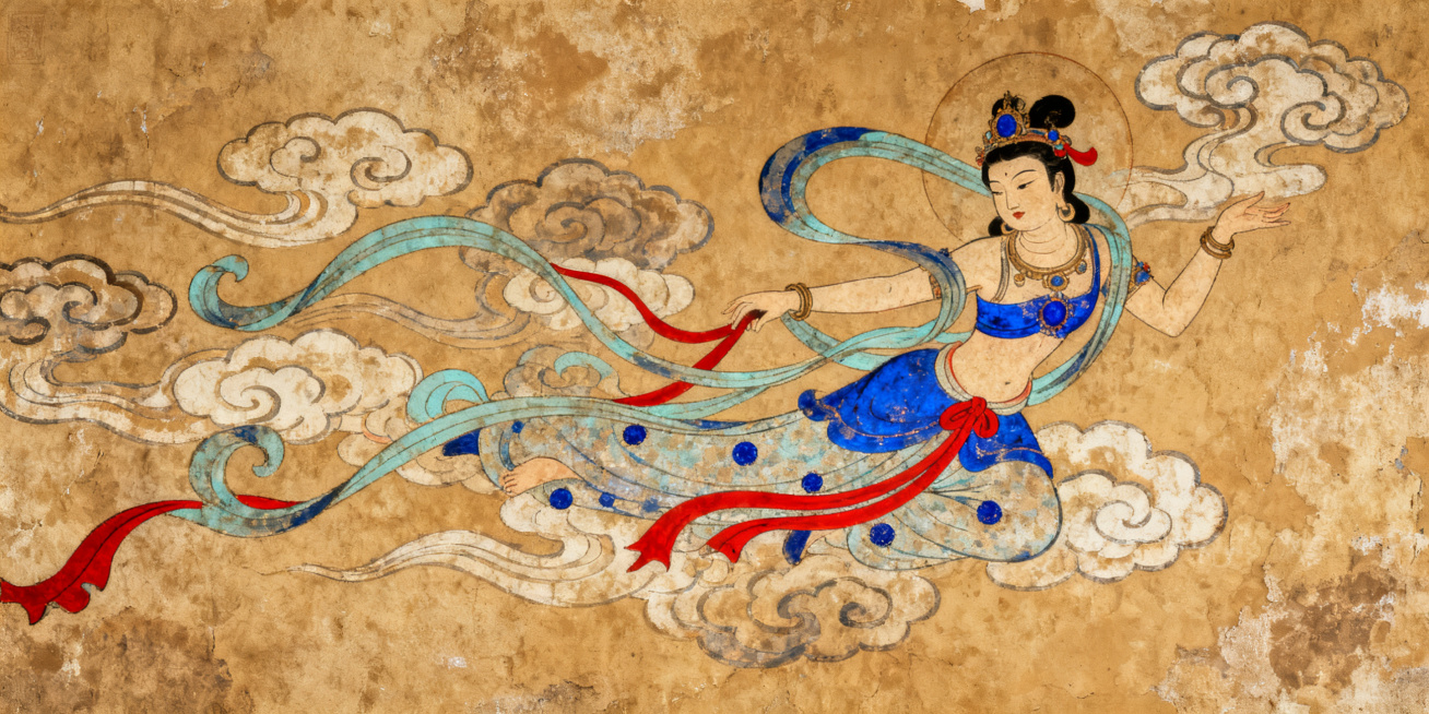 敦煌壁画风格的飞天仙女，飘逸灵动的飞天线条，敦煌土黄色壁画质感，祥云环绕，传统文化古典艺术氛围预览效果