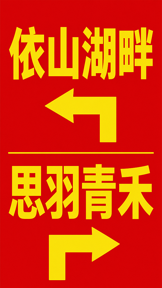 基于参考图内容制作竖式指示海报，红色背景，黄色粗体大字，上方为“依山湖畔”文字配向左转弯箭头，下方为“思羽青禾”文字配向右转弯箭头，竖式竖版构图，醒目清晰的导视指示风格，文字完整准确