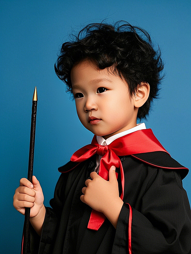 小朋友，魔法师服装穿搭，蓝色背景，形象照