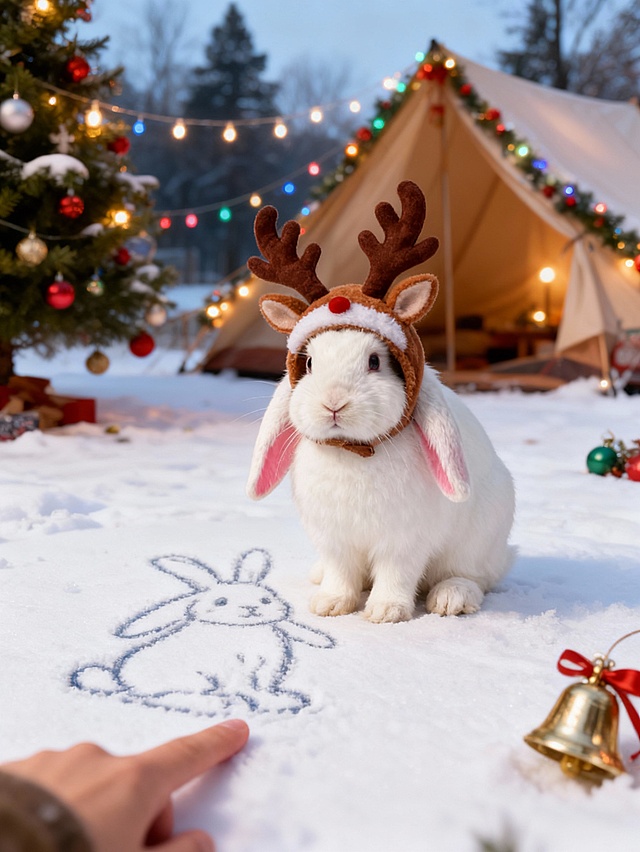 写实摄影风。画面主视觉是戴着圣诞麋鹿头套的宠物与宠物的雪地画像合影。画像为写实风全身像，像用手指画在雪地上。宠物神态可爱，冬日户外露营雪地场景，有圣诞树、彩灯、铃铛装饰，圣诞氛围感。
