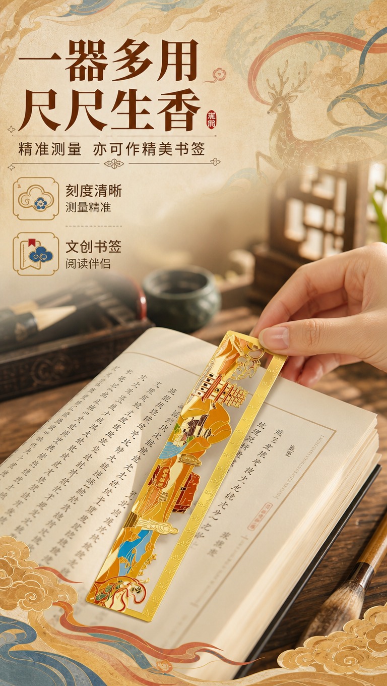 [商品] 使用【图1】直尺；保留金色金属尺身、敦煌彩色图案、刻… - 图片创意预览