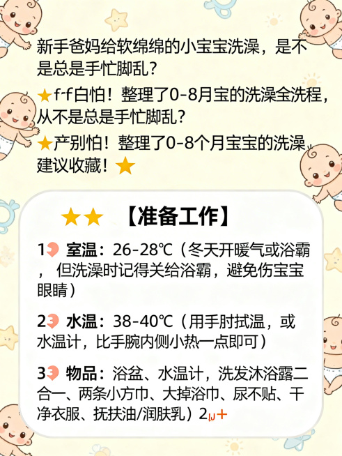 延续原图温馨可爱浅色调母婴风格，宝宝洗澡准备工作图文海报，保持3:4比例不变，缩小空白边框，让文案占据更多画面，排版更紧凑。完整文案：
新手爸妈给软绵绵的小宝宝洗澡，是不是总是手忙脚乱？😫别怕！整理预览效果