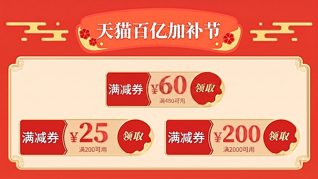 删除第一排第一个优惠券，保留共三张优惠券，将原第一排第二个优惠券移到画面中间位置，重新排版让三张优惠券布局均匀对称，保持原红色国潮风格和标题'天猫百亿加补节'不变。