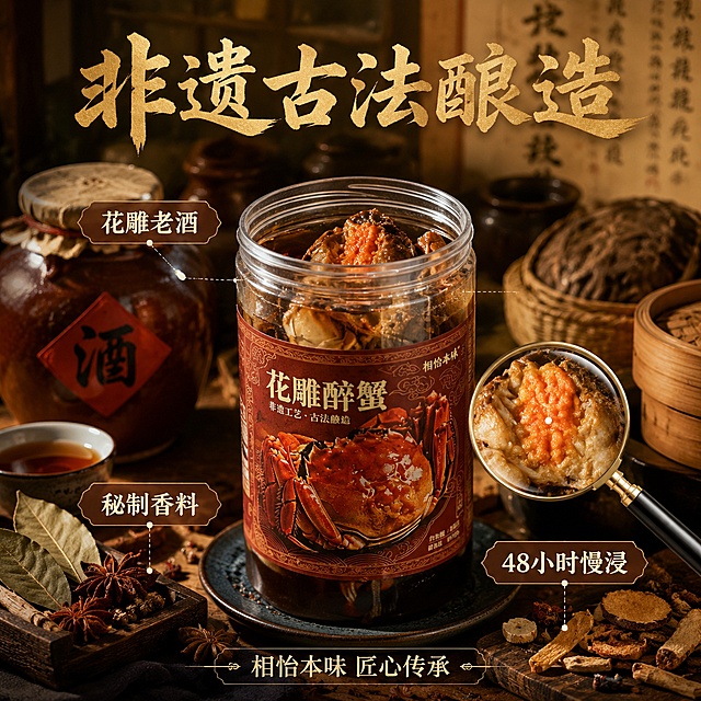 [主图-2] 花雕醉蟹核心卖点溯源图
[氛围风格] 中式传统工艺感 古法酿造场景 暖棕色调
[画质] 商业摄影质感 细节丰富 光线通透 产品真实清晰
[元素] 画面中央为一罐打开的花雕醉蟹 蟹身红亮 旁边摆放花雕酒坛 中药材 香叶 八角等酿造原料 背景为古朴的中式厨房 有陶缸 竹编篮 木质蒸笼 墙上挂着书法字幅 醉蟹罐旁边有放大镜效果展示蟹黄饱满纹理 保持产品罐身标签外观与原图一致 杜绝变形色差 商品主体占比约65%
[光影] 暖黄色侧光 模拟传统厨房自然光 酒坛与蟹壳有温润高光 阴影柔和 整体温暖厚重
[配色] 主色调深棕红 辅助色土黄 赭石 米白
[视角构图] 平视略微俯视 产品居中 周围环绕原料 背景虚化 层次丰富
[文字版式] 顶部大字主标题非遗古法酿造 书法体金色 下方用引线连接各原料标注 花雕老酒 秘制香料 48小时慢浸 底部小字相怡本味 匠心传承 文字排版错落有致 不遮挡主体
[输出要求] 1:1比例 文字清晰 超高清商业质感
[负向提示词] 变形 文字错乱 产品模糊 背景杂乱 水印 电商平台Logo