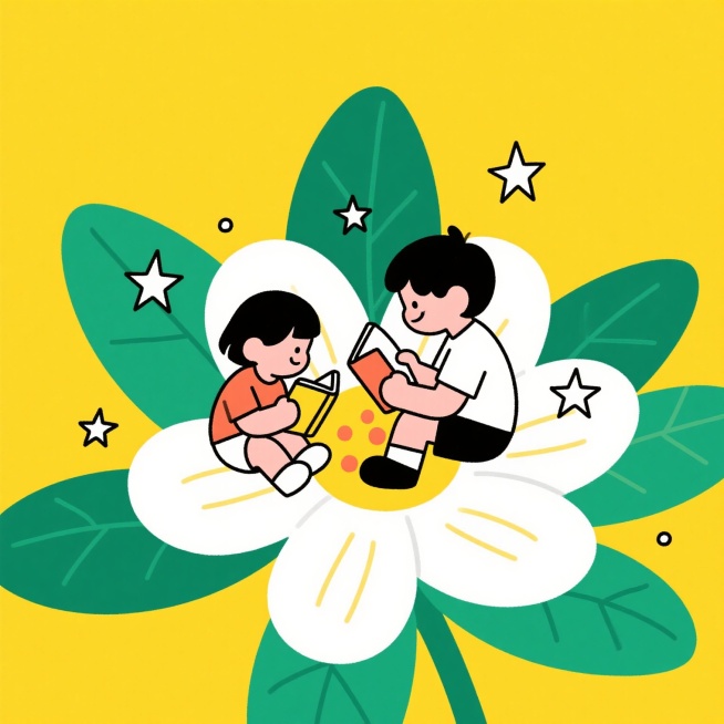 鲜花，小朋友坐在上面；一个人正坐在叶子上看书，一个人侧作在花蕊上看书，周围爆炸星星，简单线条点缀；潮流感，撞色，鲜艳明快配色，黄色背景预览效果