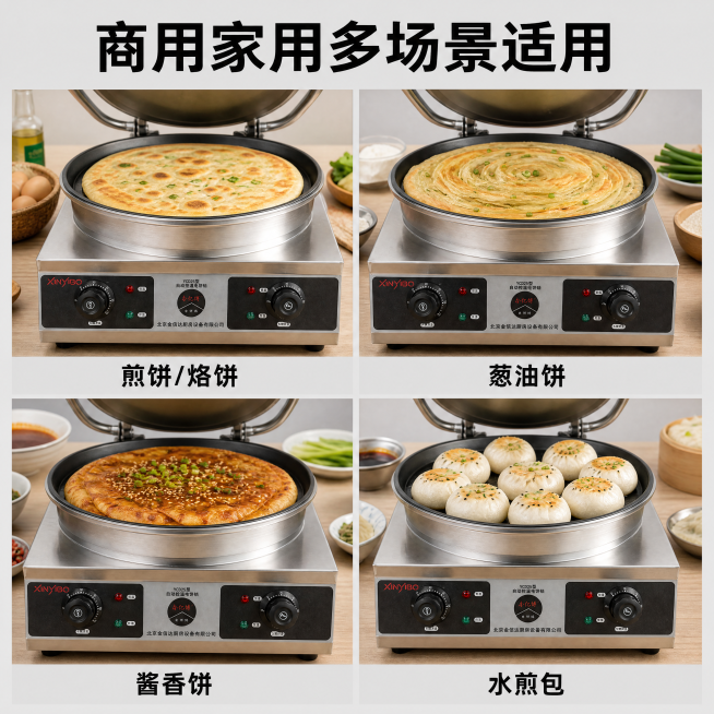 [主图-4] 电饼铛适用场景展示。
[氛围风格] 商用场景真实感，实用清晰；
[画质] 商业摄影清晰质感，场景自然真实。
[元素] 顶部大标题，下方四宫格展示适用场景，每个宫格配短标题：宫格1「煎饼/预览效果