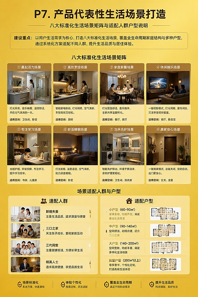 [第8屏] 本屏功能：P7产品代表性生活场景打造，展示八大标准化生活场景矩阵与适配人群户型说明。本屏使用【图1】文字内容参考排版。
[氛围/风格] 高端时尚画册风格，统一金色底色，搭配温馨全屋生活场景缩略图，整体生动贴近生活。
[元素布局] 顶部章节标题和建设重点说明，接下来核心代表性生活场景矩阵展示八大场景，下半部分介绍场景适配人群与户型；八大场景使用小图+文字形式排布整齐，版面饱满有序，搭配不同空间实景小图展示。
[光影质感] 场景图光影自然温馨，文字清晰明亮，整体光线均匀柔和。
[配色色系] 统一金色 #D4AF37底色，文字对比清晰，场景图色彩自然和谐，适配整体金色基调。
[视角构图] 网格排版，从上到下分布，整齐易读。
[文字版式] 章节标题加粗置顶，每个场景标注名称，文字清晰小巧不遮挡图片，整体层级分明，微软雅黑字体。
[比例分辨率] 2:3 竖版比例（适配W20cm*H30cm），4K分辨率，高清画质。
[负向提示词] 文字错乱，图片变形，排版拥挤，水印，颜色偏差，场景模糊