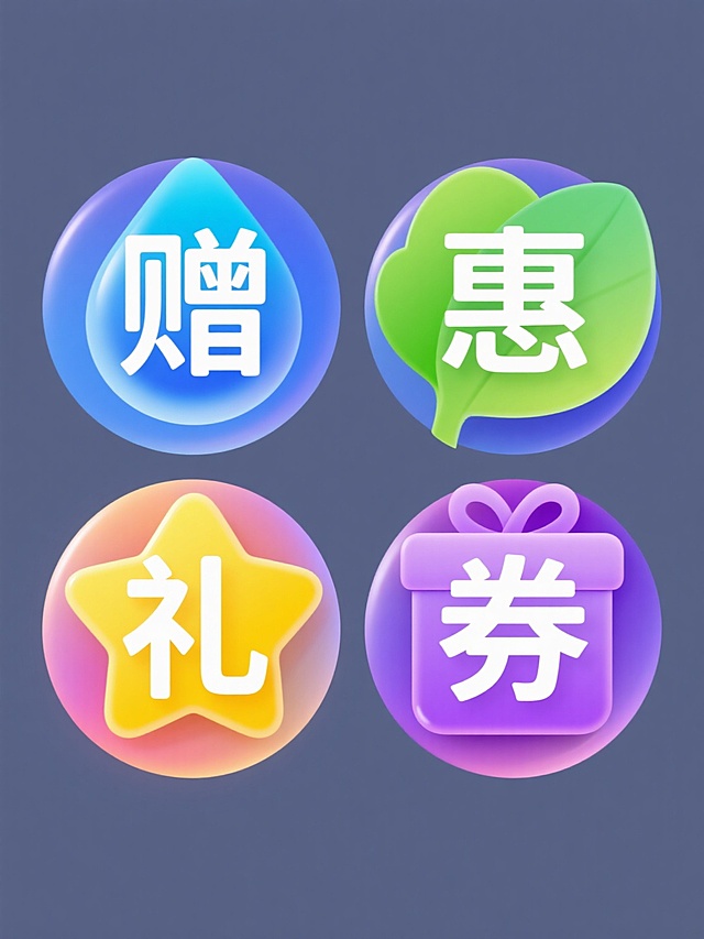 一组四个同风格设计元素的规整排布集合，每个元素均为圆形立体图标，采用光滑渐变色彩和边缘高光处理，内部包含一个代表性白色汉字，整体呈现出简洁现代的设计感，第一个为蓝色水滴状图标内有“赠”字，第二个为绿色树叶状图标内有“惠”字，第三个为黄色星星状图标内有“礼”字，第四个为紫色礼盒状图标内有“券”字，所有元素均置于纯色背景上且保持一致的视觉层级和排布间距。