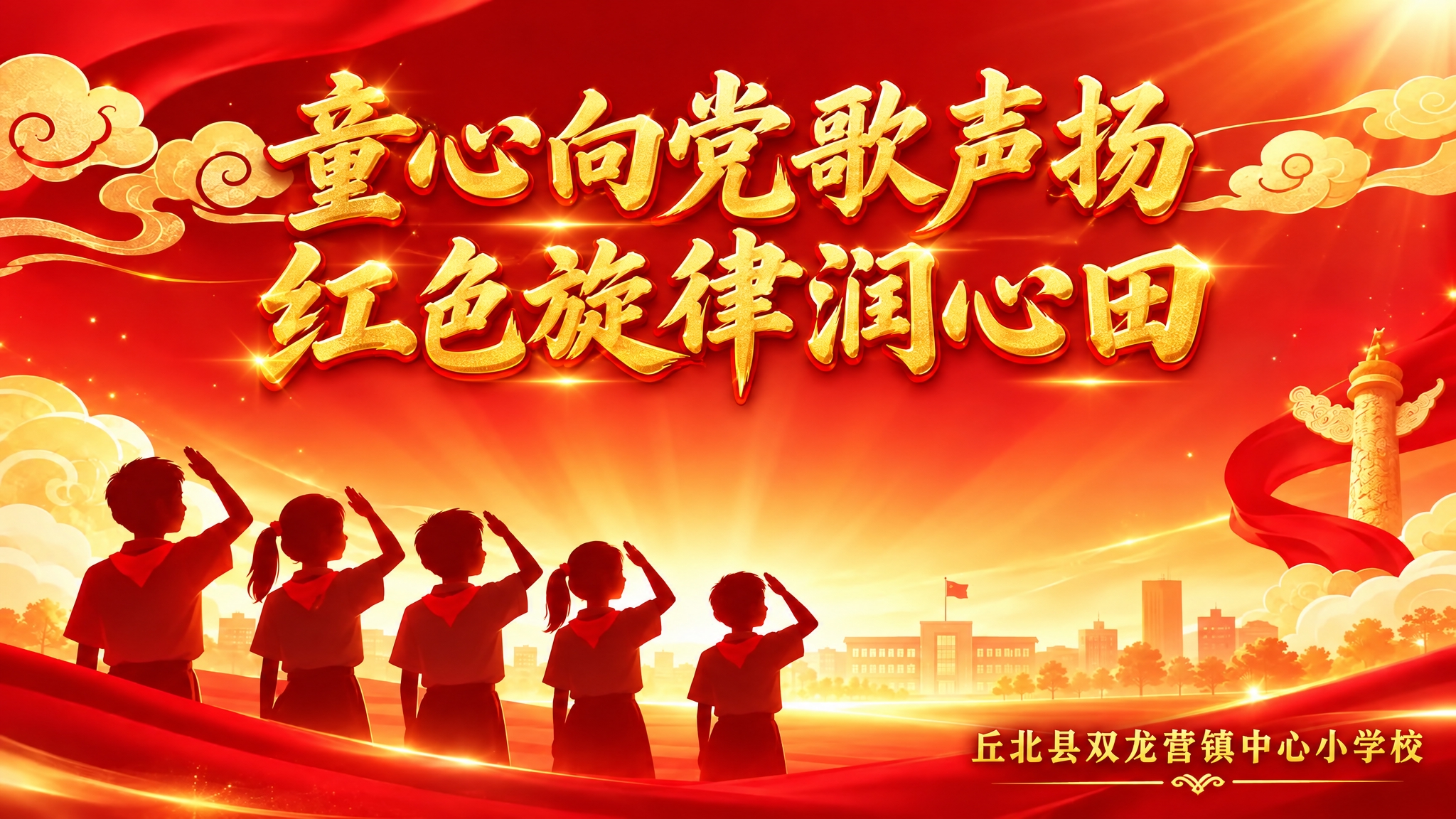 在图片上方居中位置添加金色艺术字标题"童心向党歌声扬 红色旋律… - 图片创意预览