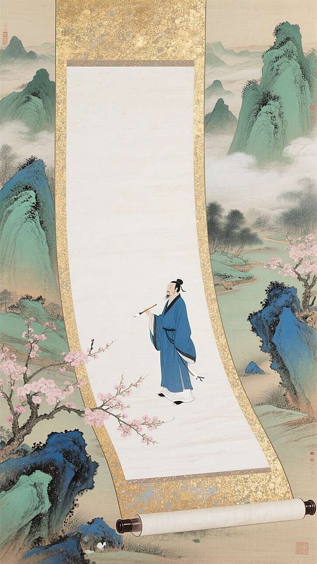巨型空白卷轴蜿蜒成路，一个蓝袍迷你文人拿着毛笔立在上面，青绿山水远景，点缀桃子枝，色调以青绿、粉桃、墨色、靛蓝为主，水墨淡彩，大面积留白