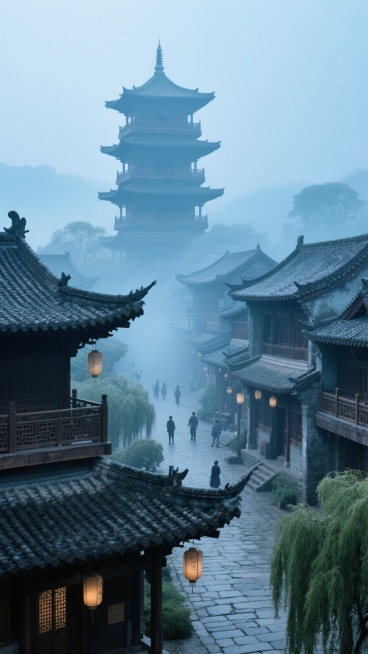 写实风格的中国古建筑群，画面中央为多层塔式楼阁，其下环绕传统坡屋顶建筑群，建筑细节丰富，包括瓦片纹理、木质回廊、雕花栏杆及悬挂灯笼。前景有垂柳与部分屋顶，中景可见行人活动于石板路上。整体色调改为青蓝色调，营造清冷幽静的氛围，环境设定为清晨薄雾笼罩，光线柔和，远处建筑若隐若现，增强空间层次感与意境美。预览效果