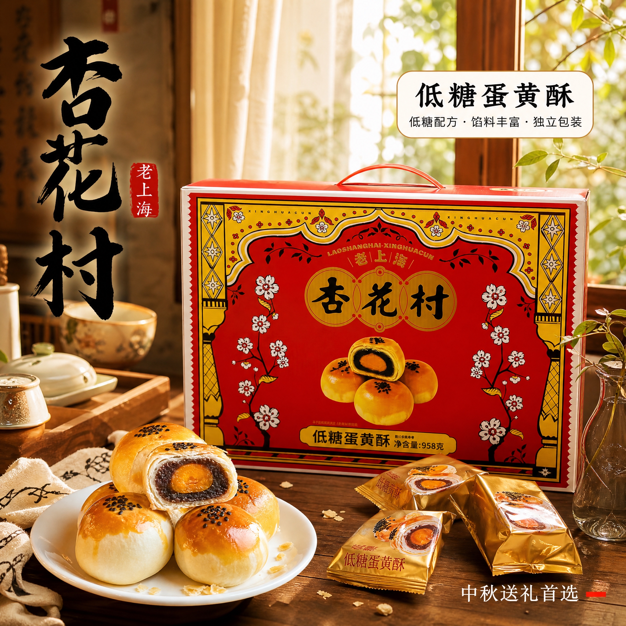 [主图-1] 老上海杏花村低糖蛋黄酥礼盒首图，小红书风格封面，… - 图片创意预览