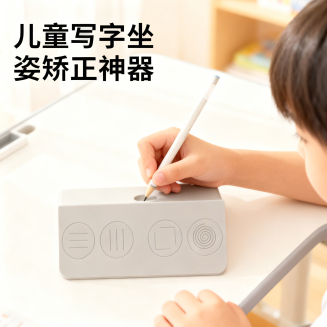基于原图的儿童勾腕矫正控笔训练器，展示亚洲儿童使用场景，儿童手部自然握笔放置在训练器上进行练习，背景为明亮整洁的儿童书桌，浅暖自然光，整体风格温馨自然，左上角文案"儿童写字坐姿矫正神器"，展示产品的实预览效果