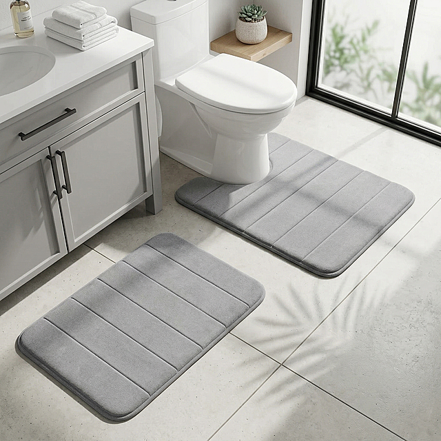 更换产品背景，保持主体灰色浴室地垫U型套装的物理结构、产品形态和颜色完全不变，进行重构背景，生成新的真实自然的亚马逊跨境电商商品展示图。背景为现代简约干净的北欧风格浴室空间，整体采用真实商业摄影风格，商业布光，侧光，高对比度，保留清晰投影和体积感，真实色彩，层次感强，具有自然窗边光影，整体氛围通透真实。保持产品主体不变，仅替换背景，禁止产品变形。负向提示词：亚洲面孔、韩流风格、苍白皮肤、柔焦模糊、背景虚化过度、平光、动漫风、可爱道具、多余的盖子、缺失的部件、悬浮的物体、变形的手柄、摄影灯、柔光箱、三脚架、水印、文字、昏暗光线、死黑阴影、畸变透视、比例失调