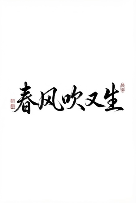 参考图片中潇洒飘逸的行书书法风格，设计汉字“春风吹又生”，横向排版，黑色书法字，白色背景，搭配红色中式印章点缀，国风毛笔书法，连笔自然，笔触张力强，保留书法枯笔效果，字体大气潇洒，版式排版参考参考图预览效果