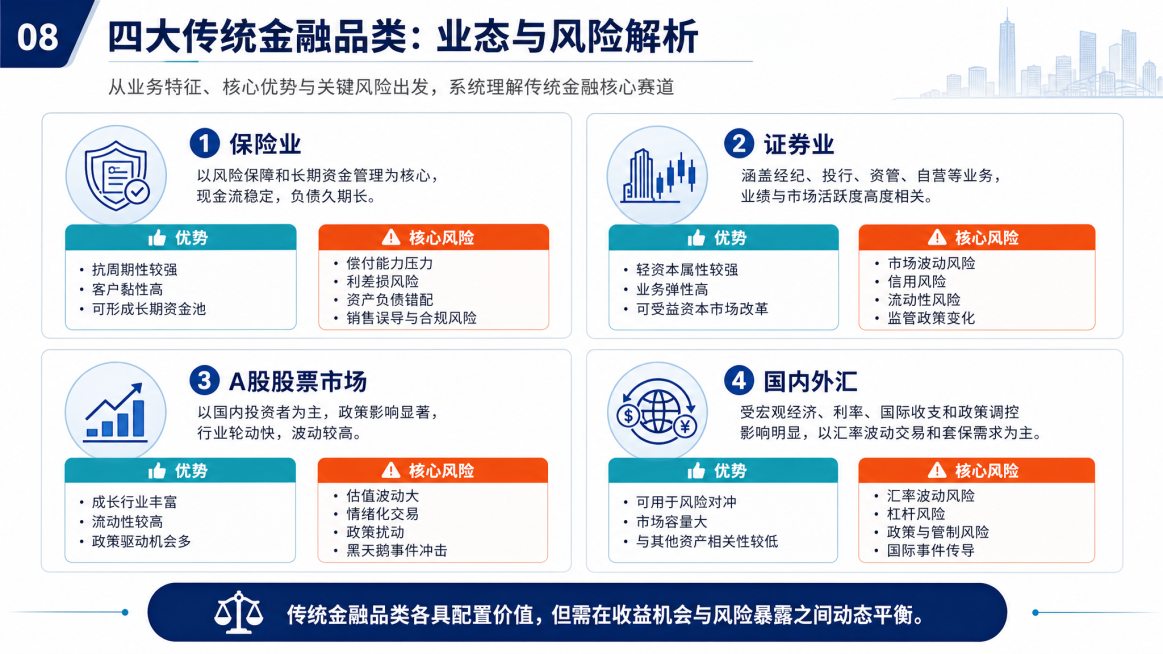 PPT第8页，四大传统金融品类 业态与风险解析，四宫格布局，每个品类单独区块，分别介绍保险业、证券业、A股股票市场、国内外汇的特点和核心风险，区分优势与风险板块，商务简约风格预览效果