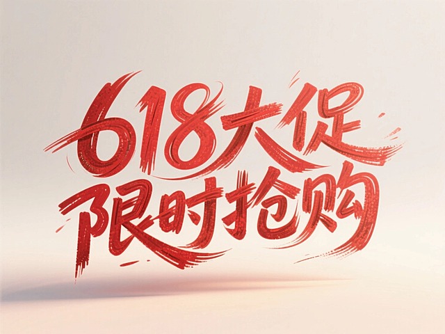 文案“618大促 限时抢购”，红金色点缀，线条流畅，富有设计感，字体进行抽象变形，给人以强烈的视觉冲击，画面干净