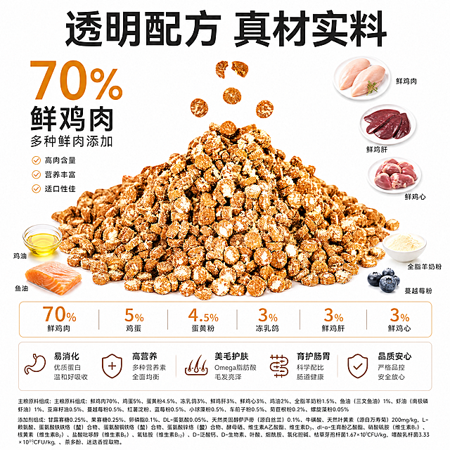[主图-9] 核心成分表展示。清晰透明风格，商业摄影画质。提取核心原料排版，搭配猫粮颗粒实拍，保持猫粮外观一致，占比70%。干净柔光，白色背景，图文混排。大字标题"透明配方 真材实料"，清晰展示核心原料占比：70%鲜鸡肉 多种鲜肉添加，文字清晰可读。1:1比例，4K分辨率，负向提示：变形，水印，文字错乱，违规词。